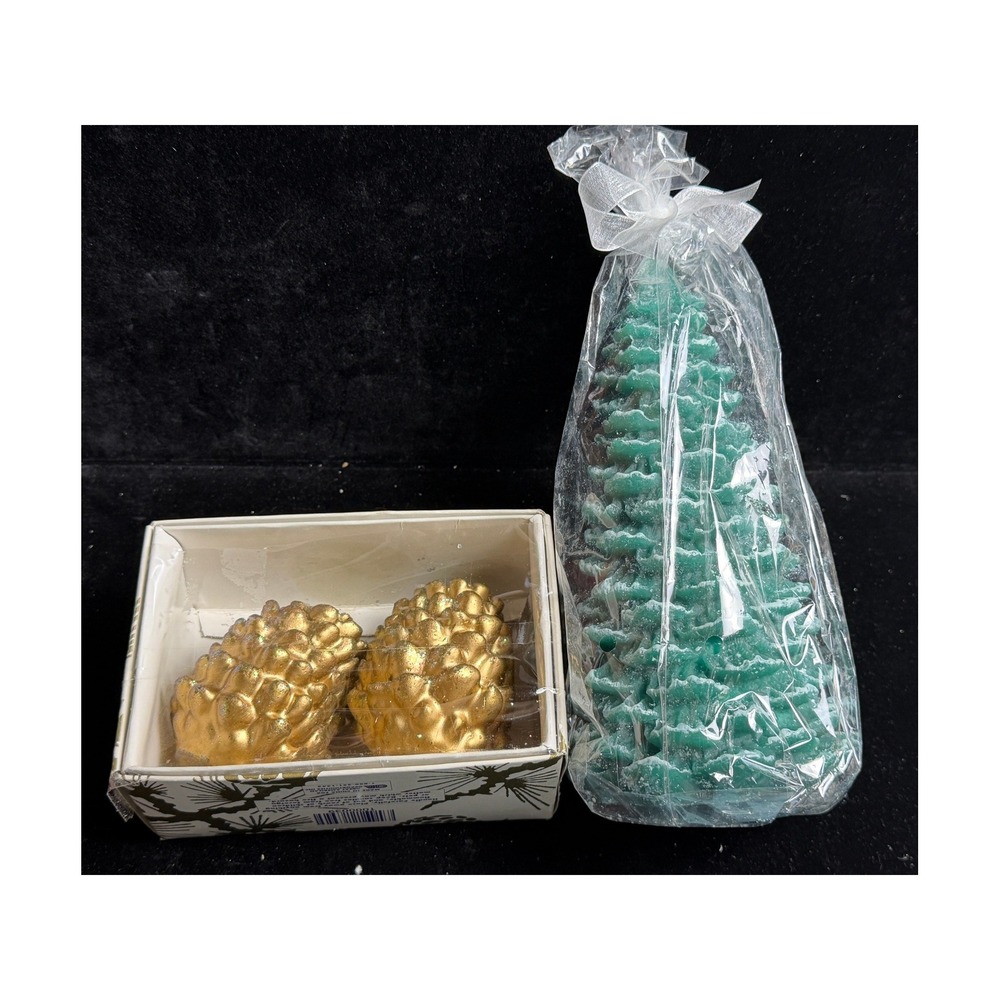 Christmas Candle Set: Gold Glitter Pine Cones and Green Frosted Tree 3pc NIB